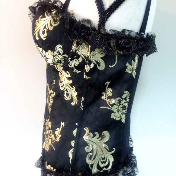 Black & Gold Floral Lace Trim Corset Top Steampunk Gothic Lolita Victorian - Picture 9 of 15